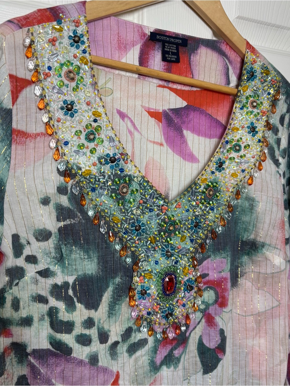 Boston Proper Blouse Top Women Large Beaded Floral Tunic SemiSheer Gypsy Boho - Picture 5 of 9
